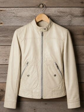 Women's Cream Pu Leather Moto Jacket with Snap Collar